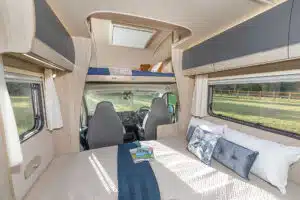 Autotrail Expedition C73 motorhome hire front bed layout